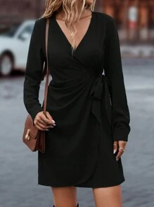 SHEIN LUNE Nút ven Bọc Tay áo dài Đầm - màu đen - Xem 4