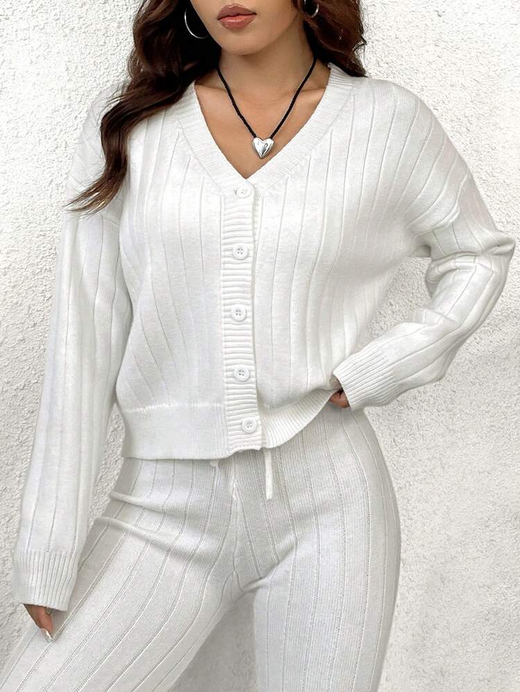 Ladies' Knitted Button Front Cardigan And Sweater Pants Two-Piece Set