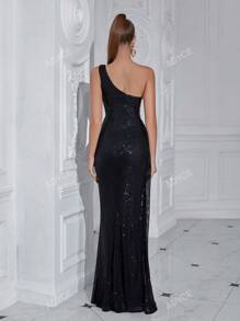 ADYCE Vestido largo de cóctel, fiesta y boda elegante con un hombro, abertura alta, cintura marcada, lazo y lentejuelas, para graduación, cena formal y eventos nocturnos