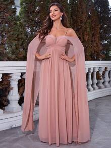 Cold Shoulder Ruched Bustier Chiffon Bridesmaid Dress - Baby Pink - View 6