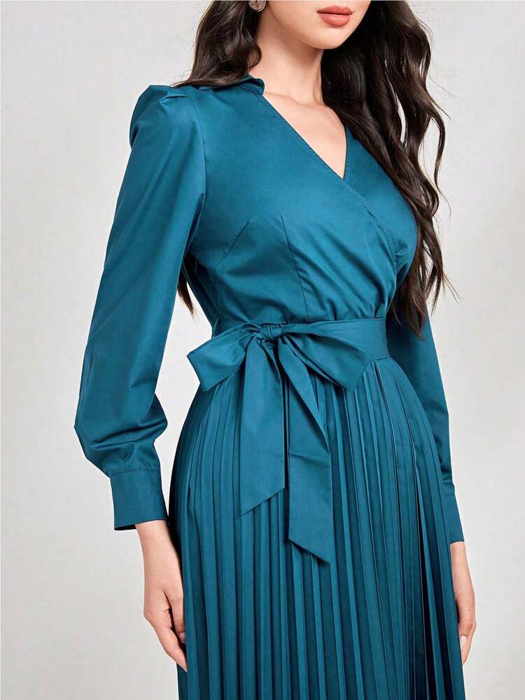 Women'S Solid Color Pleated Hem Wrap Belted Dress Long Evening Dresses Fall Cloth For Women