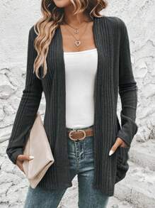 EMERY ROSE Casual Women's Ribbed Cardigan With Regular Fit & Open Front In Fall/Winter - Dark Grey - View 1