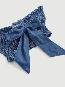 SHEIN MOD 性感超短緊身女式平行縐縫牛仔布緊身胸衣上衣,藍色 - 淺色水洗藍 - 查看 4