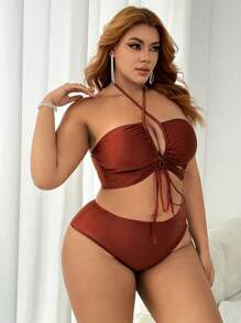 SHEIN Swim Curve Summer Beach Plus Size 3pcs Solid Color Swimwear Set New Year