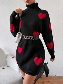 Chiquease 休閒女士心形圖案高領針織連衣裙