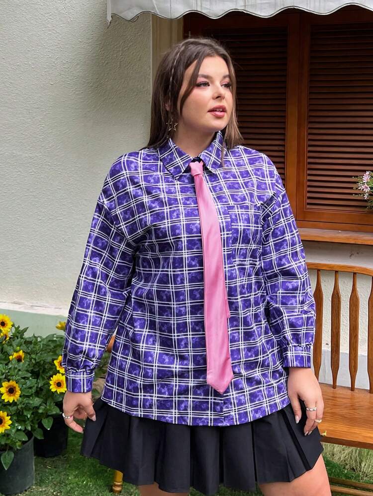 Plus Size Plaid Shirt With Drop Shoulder, Comes With Tie