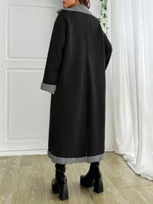 SHEIN EZwear Women Daily Wear Colorblock Leather Long Coat - Black - View 2