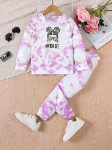 SHEIN Little Girls' Purple Tie-dye Casual Loose Fit 2-piece Set - Purple - View 3