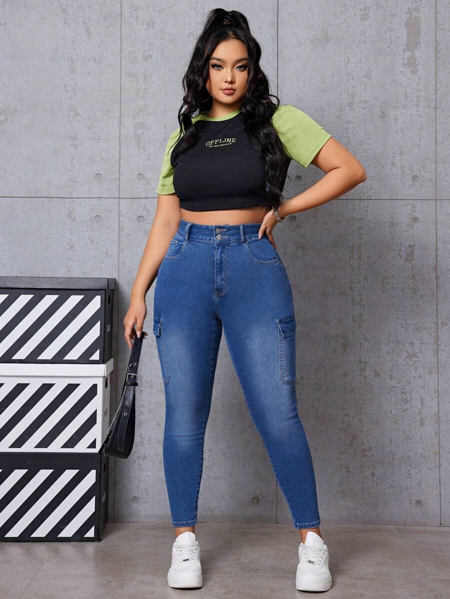 SHEIN EZwear Plus Size Women's Cargo Style Denim Pants With Pockets for