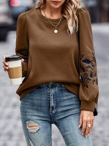 SHEIN LUNE Women's Floral Embroidery Puff Sleeve Blouse - Rust Brown - View 4