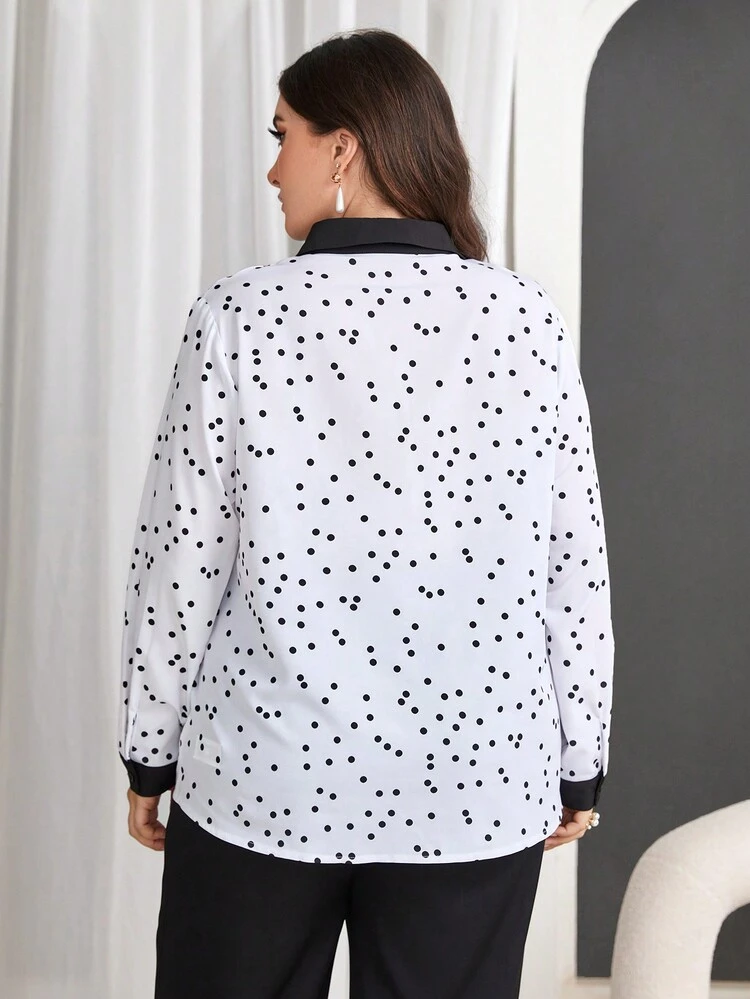 Plus Size Women'S Polka Dot Patchwork Lace Long Sleeve Shirt