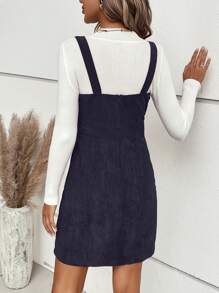SHEIN Clasi Solid Color Corduroy Sleeveless Dress - Navy Blue - View 2