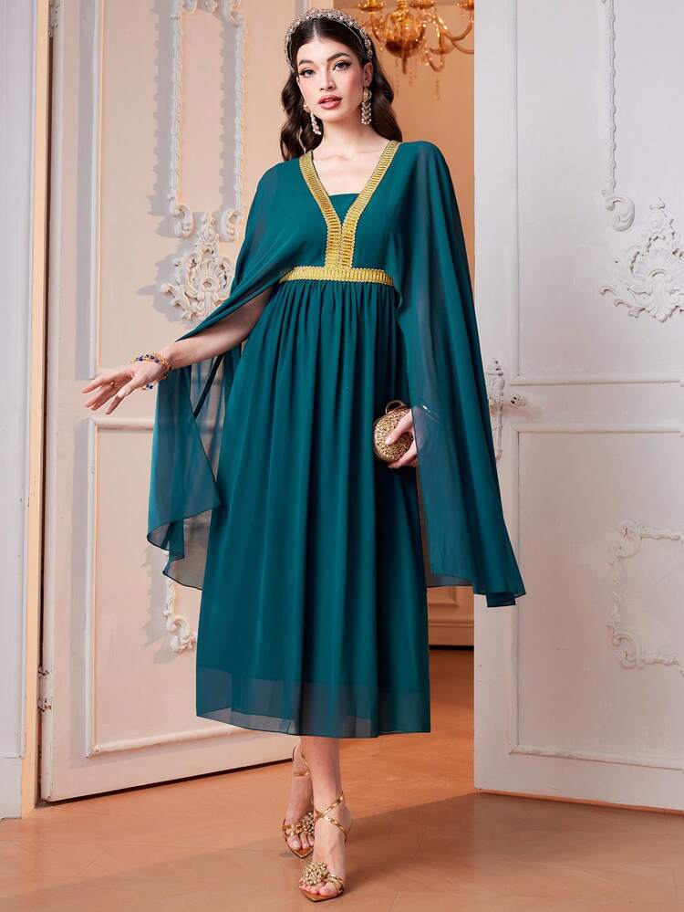 Color Block Embroidered Applique Cape Sleeve Dress Long Evening Dresses Fall Cloth For Women