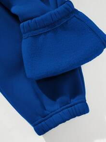 SHEIN Unity 女士字母印花連帽毛絨裏層套裝運動衣褲 - 藍色 - 查看 3