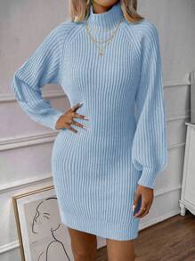 SHEIN Clasi 女士純色立領毛衣連衣裙 - 淺藍色 - 查看 5