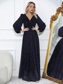 SHEIN Belle 透明網插燈籠袖優雅正裝連身裙 - 藏蓝色 - 查看 4