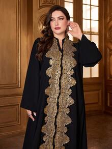 Plus Size Women's Solid Color V-Neck Floral Applique Detail Long Sleeve Soft Arabic Maxi Dress, Comfortable For Various Occasions, Holiday & Daily Wear - Black - View 4