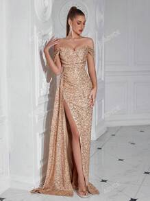 ADYCE Vestido largo de cóctel, fiesta, bienvenida, baile de graduación, cena elegante con abertura alta, plisado, lentejuelas, cinta fluida, elegante y formal para invitada de boda