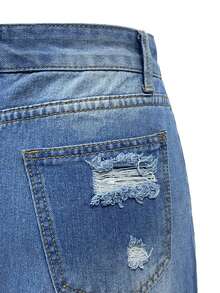 Women's Pockets Slit Hem Distressed Frayed Hem Denim Skirt - 中等水洗藍 - 查看 3
