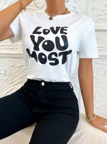 SHEIN Essnce 女款短袖衣服,印有標語圖案 - 白色 - 查看 5