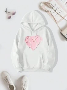 SHEIN EZwear 女士心形印花連帽衛衣 - 白色 - 查看 1