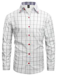 Manfinity Mode Men Plaid Print Button Up Shirt Long Sleeve Graphic Work Business Shirt - White - View 1
