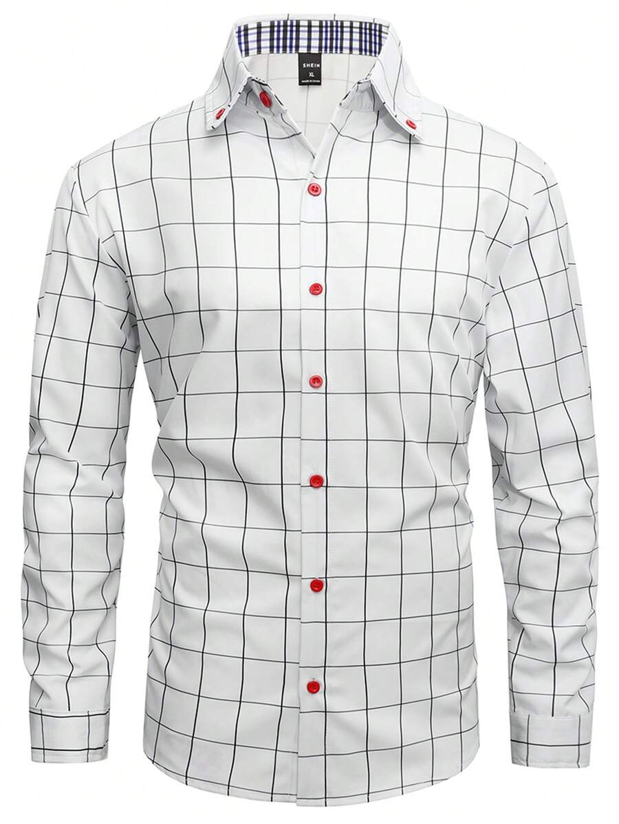 Manfinity Mode Men Plaid Print Button Up Shirt Long Sleeve Graphic Work Business Shirt - White - View 1