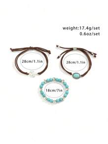 ROMWE Hippie 3pcs Western Cowboy Style Cactus Decor Turquoise Beaded Bracelet Set - Multicolor - View 4