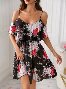 SHEIN Clasi 女士雪紡花卉連衣裙 - 黑色 - 查看 1