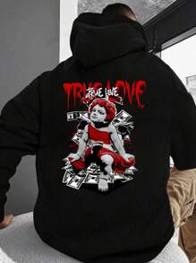 Manfinity Roghcode 宽松男士连帽落肩袖休闲运动衫，带文字图案印花，天使，长袖，外出，连帽衫，街头服饰，男友礼物，黑色连帽衫，男士连帽衫，图案连帽衫，秋季 - 黑色 - 查看 1