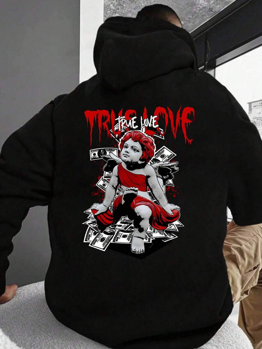 Manfinity Roghcode 宽松男士连帽落肩袖休闲运动衫，带文字图案印花，天使，长袖，外出，连帽衫，街头服饰，男友礼物，黑色连帽衫，男士连帽衫，图案连帽衫，秋季 - 黑色 - 查看 1