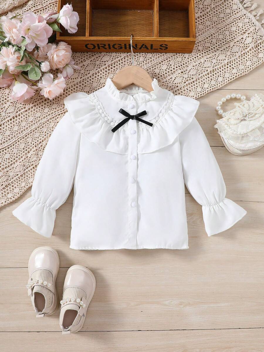 SHEIN 少女波浪邊蝴蝶結前開扣襯衫,適用於春秋季 - 白色 - 查看 1