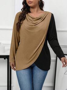 SHEIN LUNE Plus Size Women's Loose Cowl Collar Contrast Color T-Shirt - Multicolor - View 5