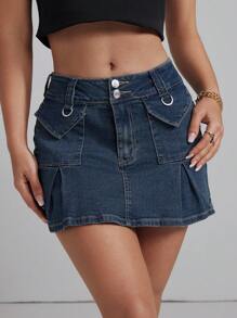 SHEIN EZwear 女款百褶牛仔裙 - 藍色 - 查看 5