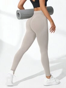 SHEIN Sports 女款无缝高弹运动健身紧身裤瑜伽裤 - 杏色 - 查看 7