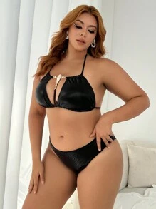Swim SXY Plus Size Bikini Swimwear Set With Rhinestone Decor & Hollow Out Details Music Festival