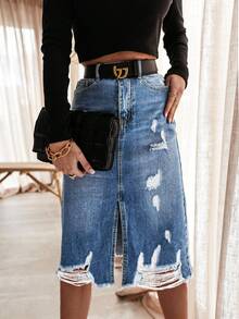 Women's Pockets Slit Hem Distressed Frayed Hem Denim Skirt - 中等水洗藍 - 查看 4