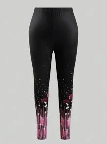 EMERY ROSE 2 件大码针织高腰 A 字喇叭裤粉色爱心和玫瑰印花套装：紧身打底裤，情人节