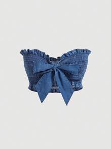 SHEIN MOD 性感超短緊身女式平行縐縫牛仔布緊身胸衣上衣,藍色 - 淺色水洗藍 - 查看 1