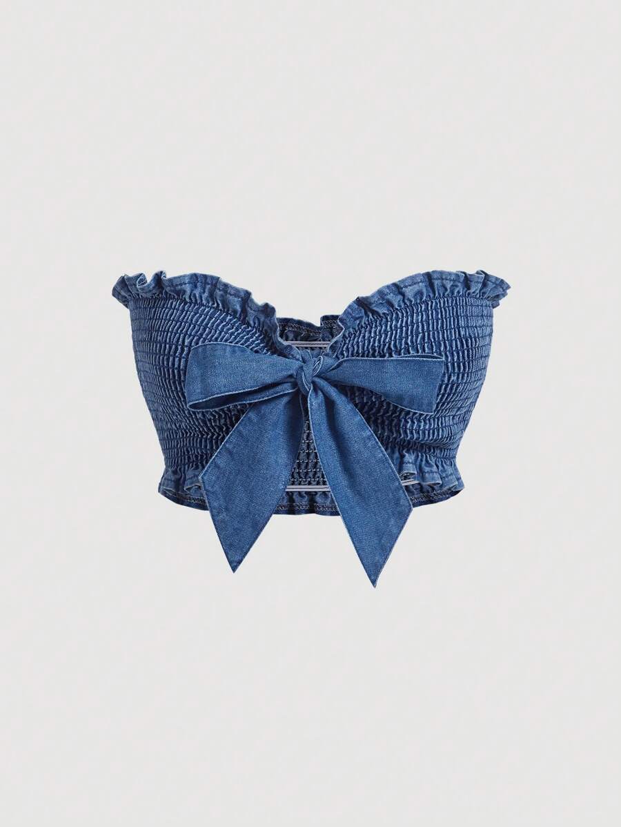 SHEIN MOD 性感超短緊身女式平行縐縫牛仔布緊身胸衣上衣,藍色 - 淺色水洗藍 - 查看 1