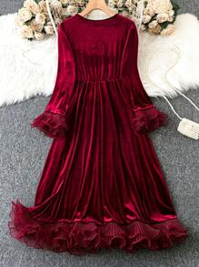 Celure Váy lưới đính nút tương phản cỡ lớn cho nữ - Màu Đỏ Sâu - Xem 2