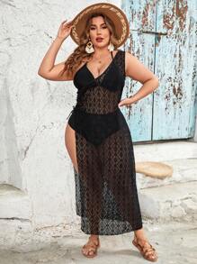 SHEIN Swim Curve Plus Size 1pc One Shoulder Drawstring Side High Slit Cover Up Dress Carnival Summer - Dark Grey - View 3