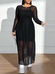 SHEIN EZwear 大码女式网眼长袖连衣裙，夏季 - 黑色 - 查看 3