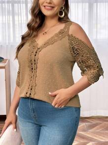 SHEIN Clasi 大尺碼蕾絲拼接露肩上衣 - 卡其色 - 查看 3