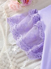 Teen Girls' Lace Splice Floral Lace Hem Round Neck T-Shirt - Mauve Purple - View 4