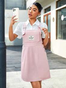 SHEIN EZwear Vestido Casual de Alça com Decoração de Letras e Design de Patch Lateral para Mulheres - Rosa chiclete - Visão 3