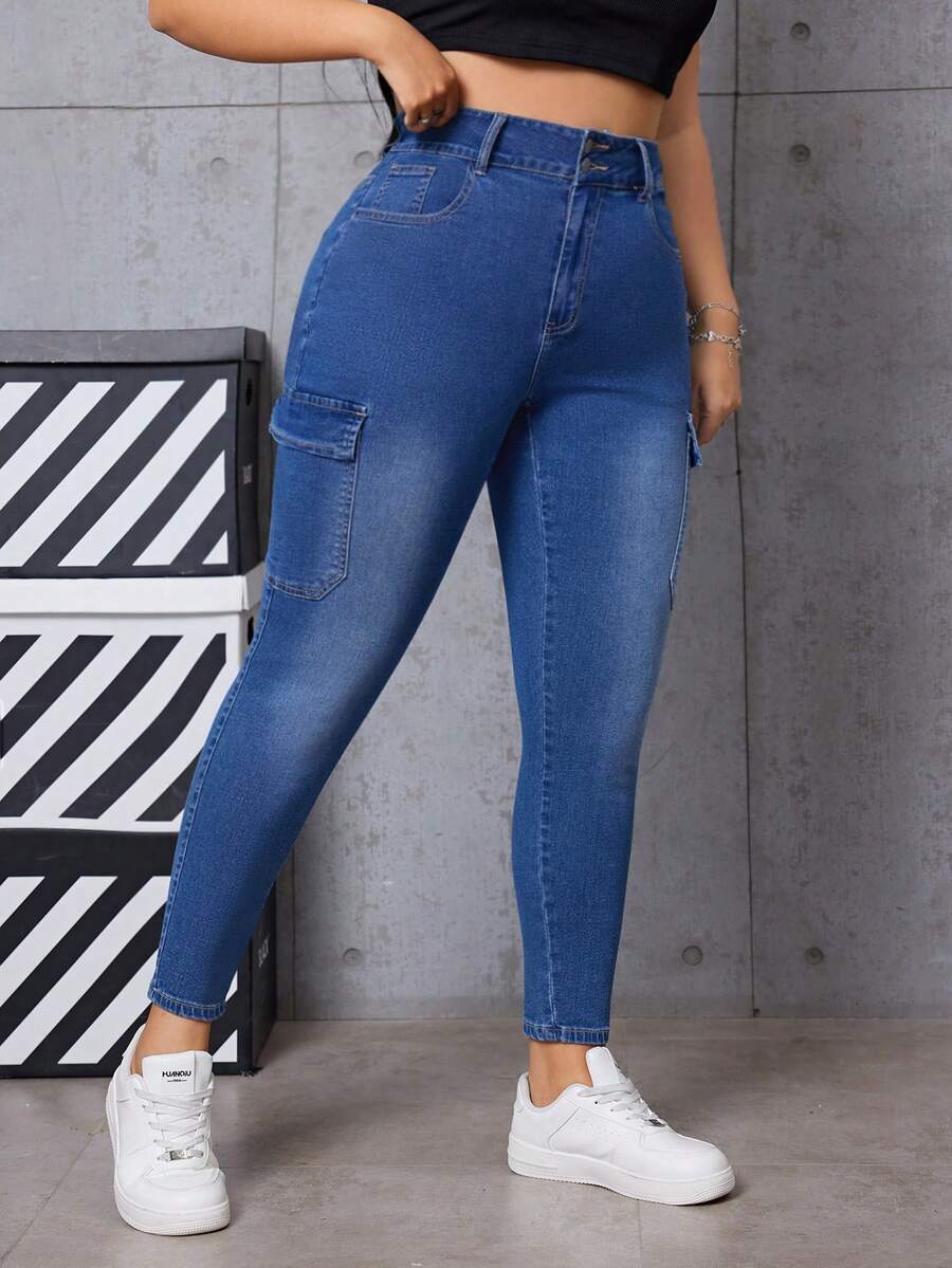 SHEIN EZwear Plus Size Women's Cargo Style Denim Pants With Pockets for