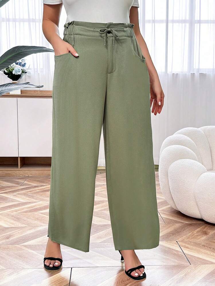 Plus Size Drawstring Waist Pants With Slanted Pockets