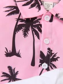 SHEIN 3 Stücke/set Kurzarm Hemd Für Jungen Mit Kokospalmen-muster, Locker Sitzendes T-shirt Und Shorts, Geeignet Für Freizeit- Und Urlaubsstil