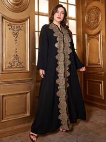 Plus Size Women's Solid Color V-Neck Floral Applique Detail Long Sleeve Soft Arabic Maxi Dress, Comfortable For Various Occasions, Holiday & Daily Wear - Black - View 5